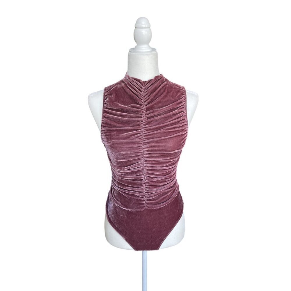 Velvet Bodysuit Womens XS Ruched‎ High Neck Crushed Thong Pink Rave Festival